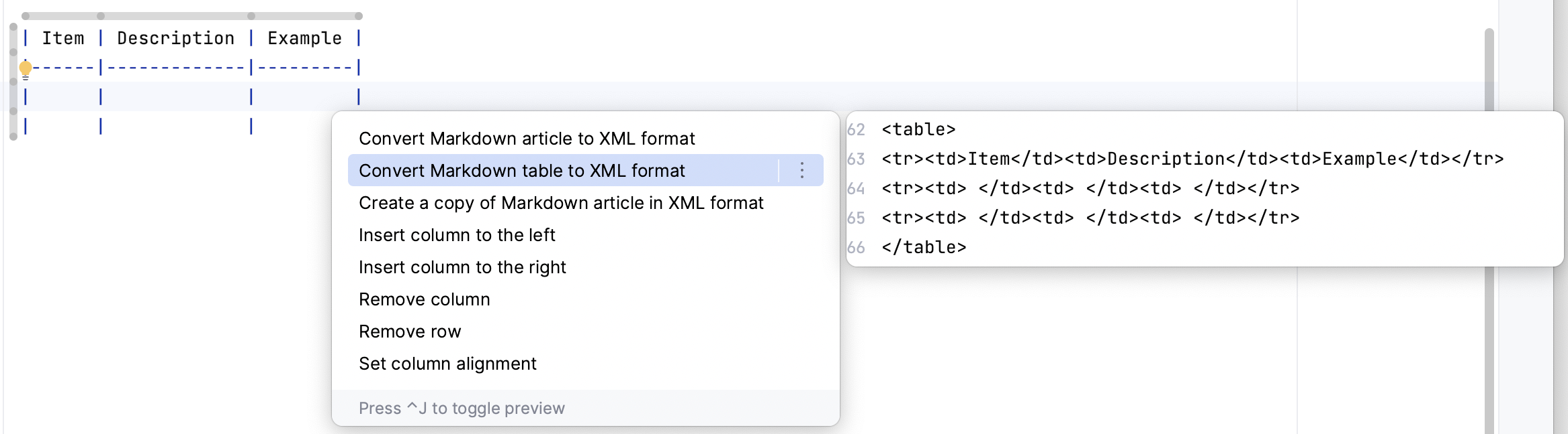 Convert table to XML